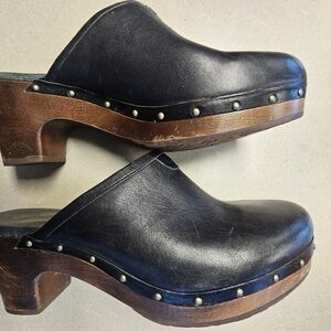 UGG Black Leather Mules with Brown Wooden Heel